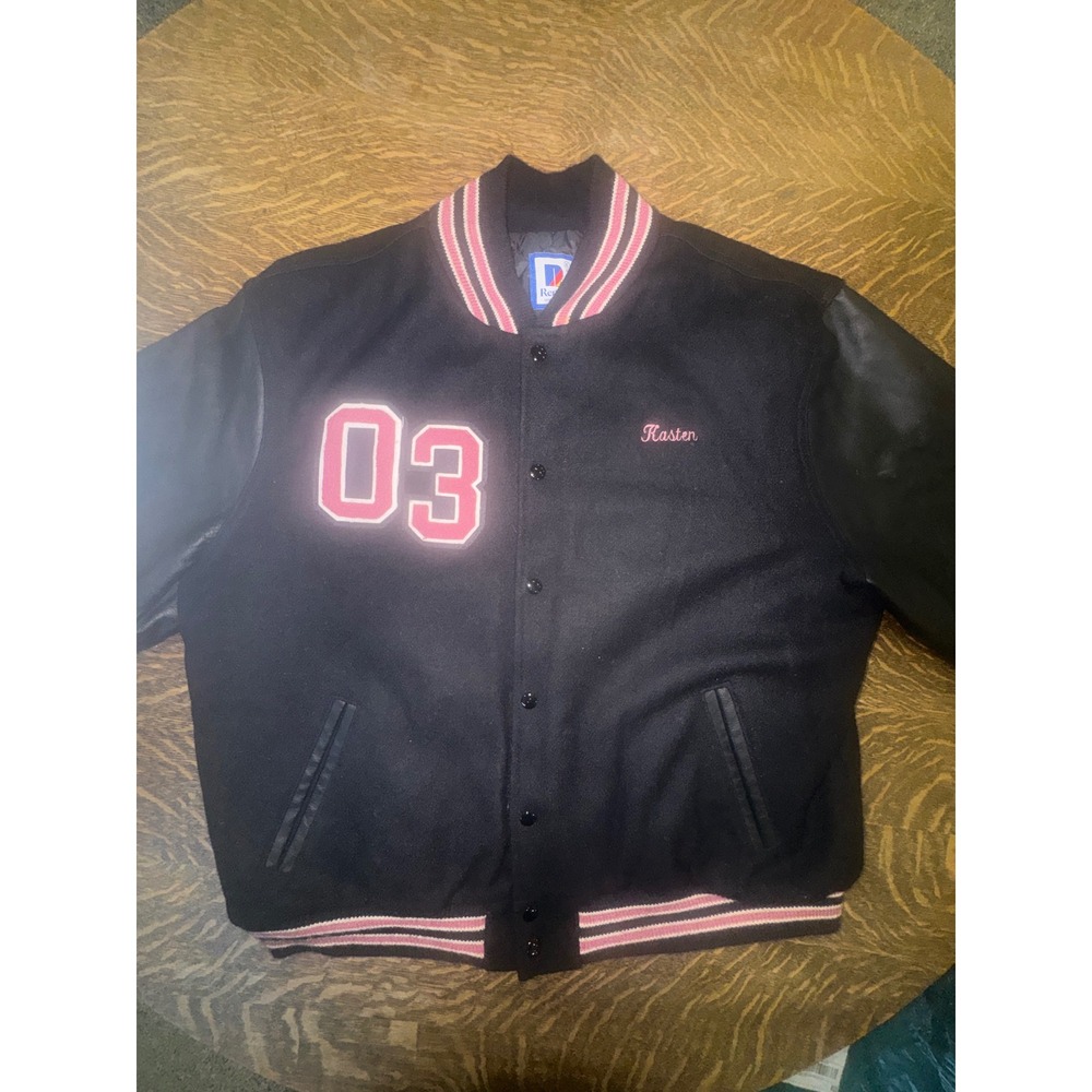 Vtg Rennoc Varsity Jacket XL Black Wool Leather Sleeves Pink Trim USA Made Y2K